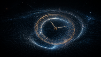 Ilustración de un reloj sobre una curvatura del espacio-tiempo para representar los viajes temporales