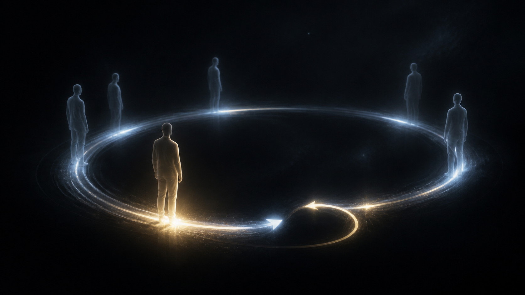 Bucle luminoso de tiempo circular con siluetas que representan una paradoja temporal
